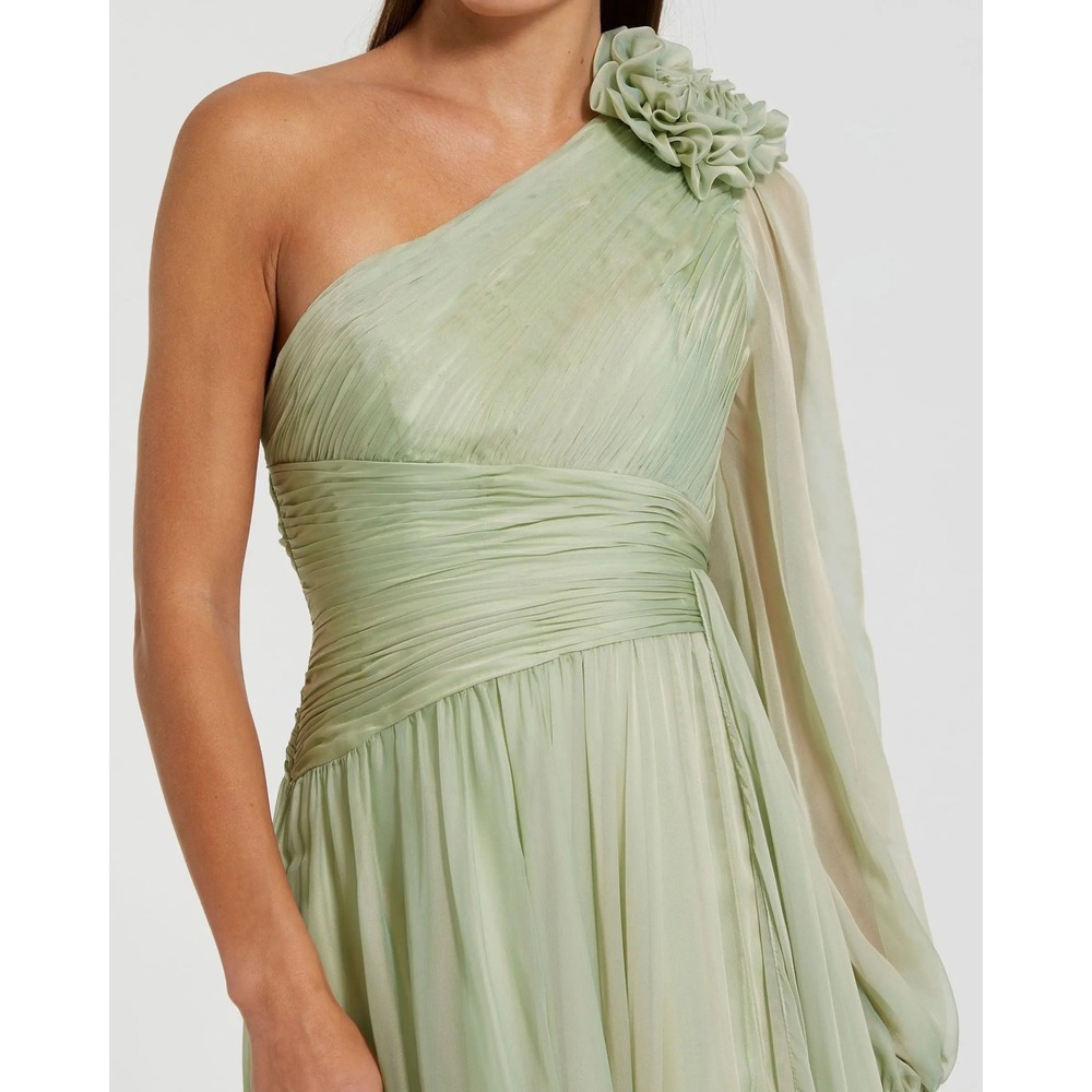 Mac Duggal Green One Shoulder 3D Flower Gown With Slit - Size 8 - Picture 5 of 11